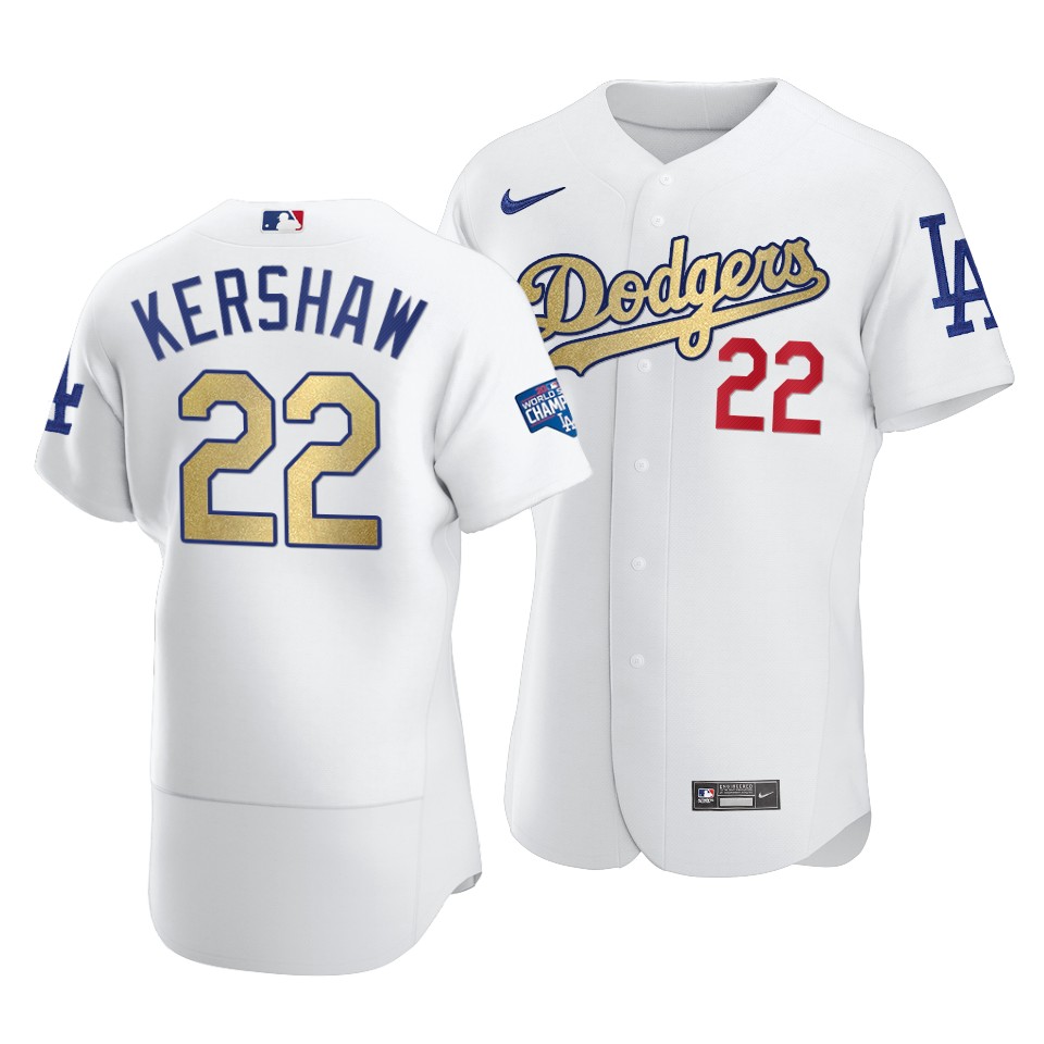 Men's Los Angeles Dodgers #22 Clayton Kershaw 2021 White Gold World Series Champions Patch Sttiched Jersey